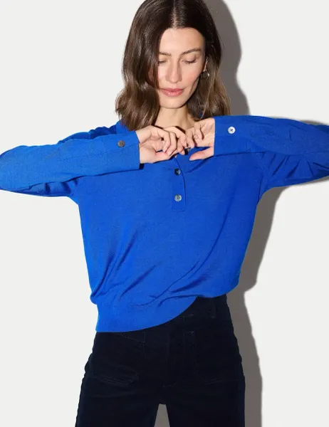 Jigsaw Pure Merino Wool Round Neck Relaxed Polo Shirt Royal Blue