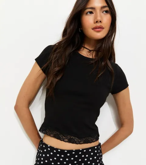 Women's Black Lace Hem Baby Tee