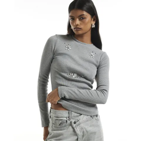 River Island Ribbed Embellished Long Sleeve T-Shirt