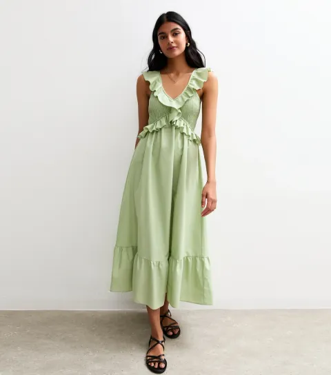 Women's Light Green Ruffle Trim Tiered Hem Midi Dress