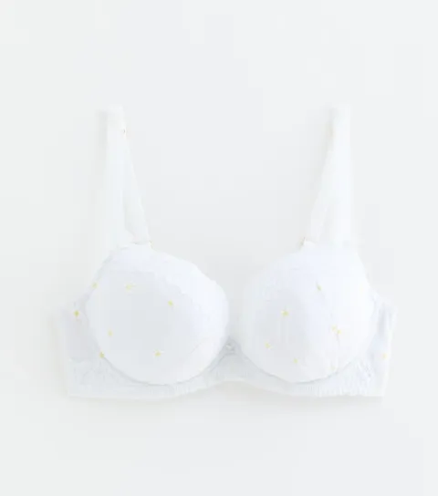 Women's White Embroidered Daisy DD+ Plunge Bra