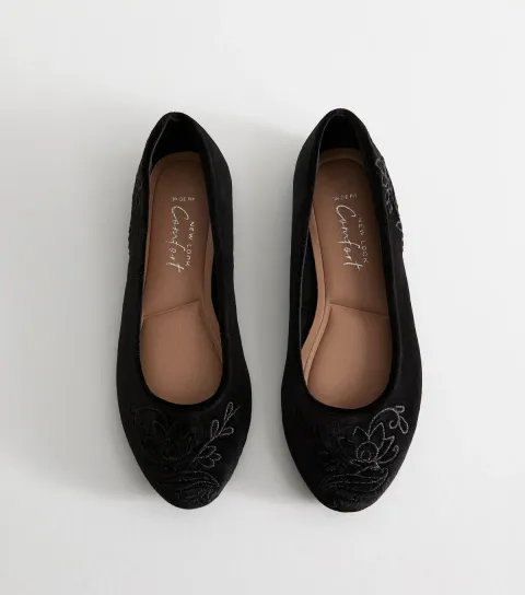 New Look Women's Wide Fit Black Velvet Floral Embroidered Ballet Flats Vegan