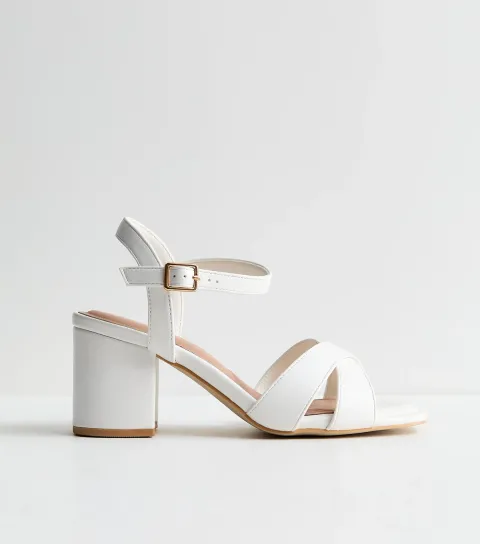 Women's Extra Wide Fit White Cross Strap Block Heel Sandals Vegan