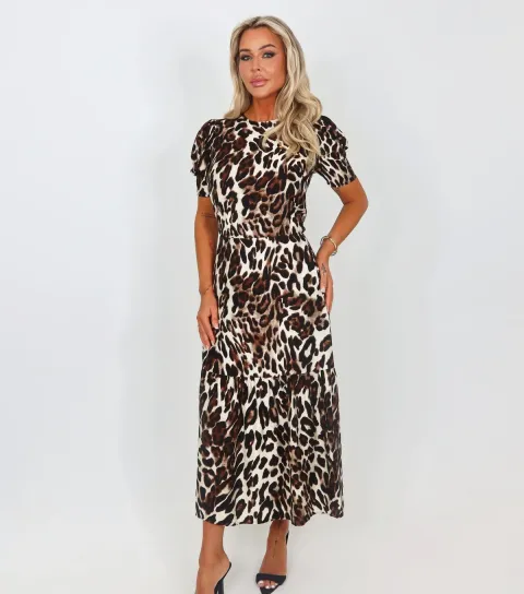 Women's Brown Leopard Print Puff Sleeve Midi Dress