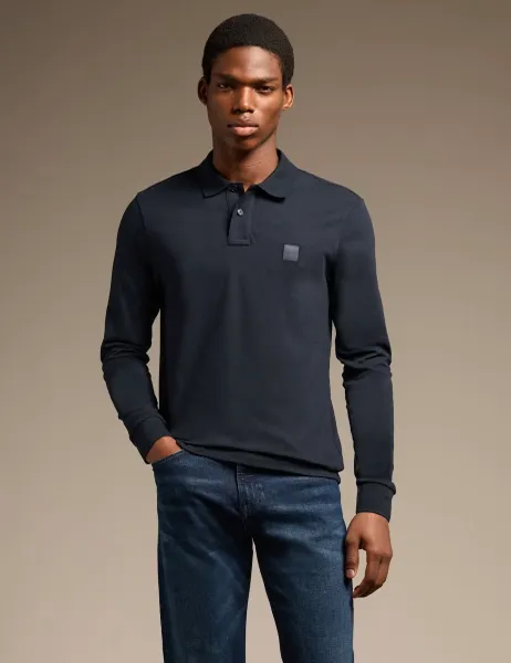 Boss Passerby Cotton Rich Long Sleeve Polo Shirt Navy