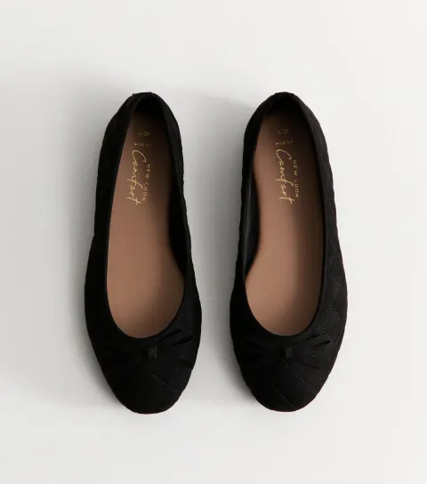 Women's Wide Fit Black Faux Suede Quilted Ballerina Flats Vegan