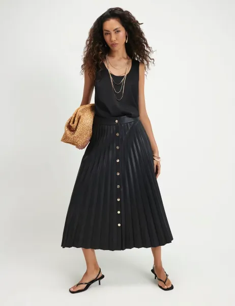 River Island Leather Look Popper Front Pleated Midi Skirt Black