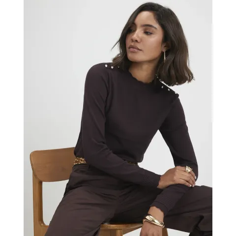 River Island Knitted Pointelle Trim Long Sleeve Top