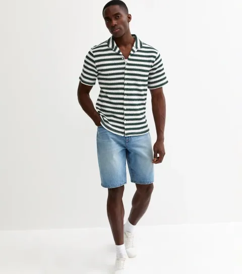 Men's Green Regular Fit Short Sleeve Stripe Knit Shirt