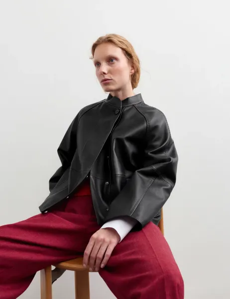 Jaeger Pure Leather Collarless Short Jacket Black