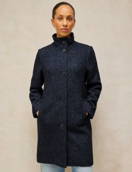White Stuff Kaia Tweed Funnel Neck Overcoat with Wool Navy Mix