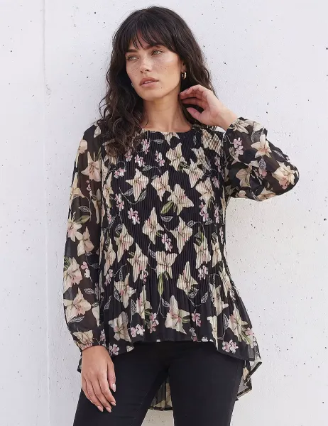 Roman Sheer Floral Print Pleated Top Black Mix
