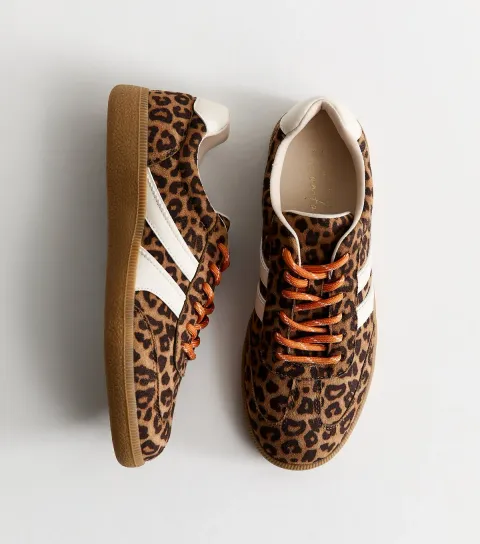 Women's Stone Faux Suede Double Lace Leopard Print Gum Sole Trainers Vegan
