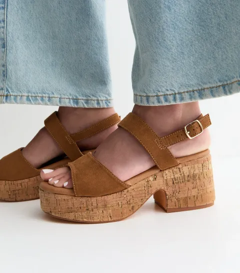 Women's Wide Fit Tan Faux Suede Cork Platform Sandals Vegan