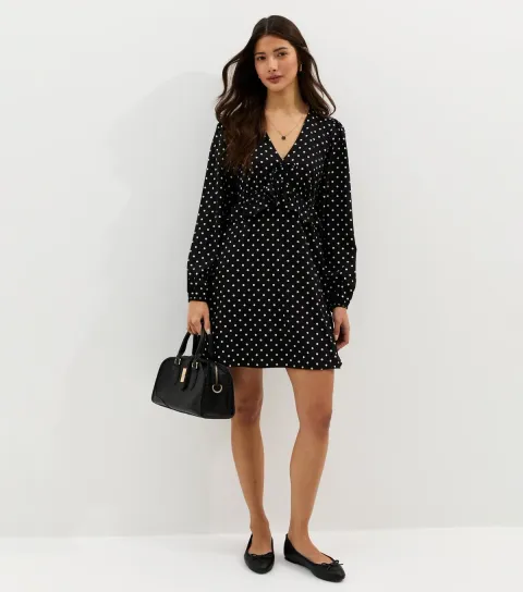 Women's Black Polka Dot Frilly Trim Mini Dress