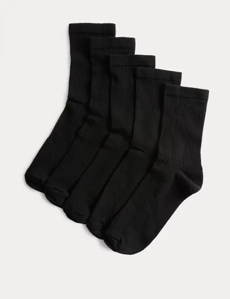 Marks & Spencer 5pk Cotton Rich Ribbed Ankle High Socks Black