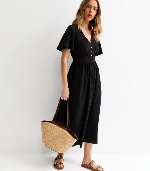 Women's Black Frill Sleeve V Neck Midi Dress