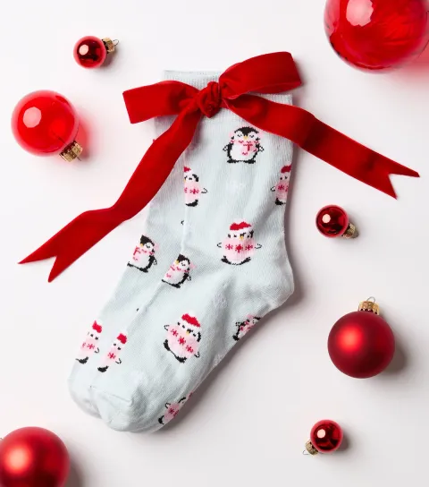 New Look Light Blue Cotton Rich Christmas Penguin Patterned Ankle Socks