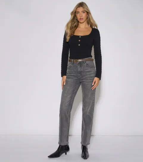 Women's Light Grey Mid Rise Straight Leg Jeans