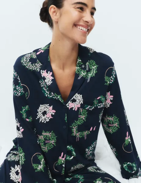 Marks & Spencer Cotton Modal Printed Revere Long Pyjama Set Navy Mix