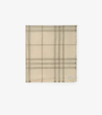 Wide Reversible Check Wool Silk Scarf in Sesame beige