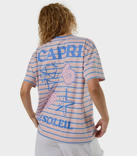 Women's Pink Cotton Striped Capri Logo T-Shirt