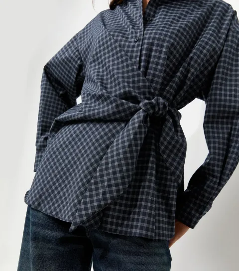 Women's Blue Check Side Tie Long Sleeve Shirt