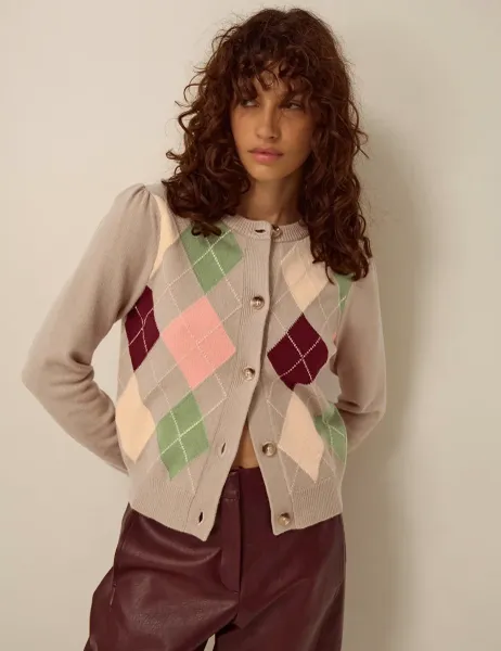 Monsoon Argyle Button Front Cardigan Beige Mix
