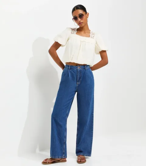Women's Blue Pleated Wide Leg Jeans