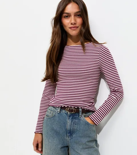 New Look Women's Petite Pink Cotton Rich Striped Long Sleeve Babylock Top
