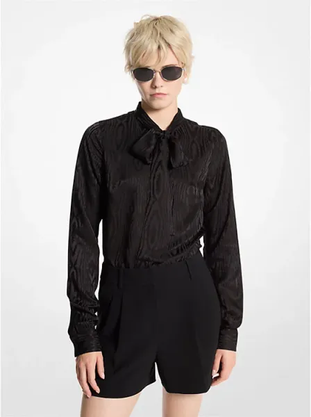 Moiré Tie-Neck Blouse