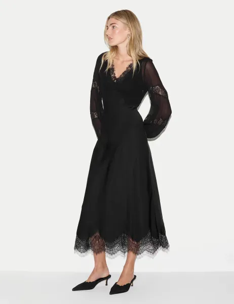 Jigsaw Satin Lace Trim Midi Dress Black