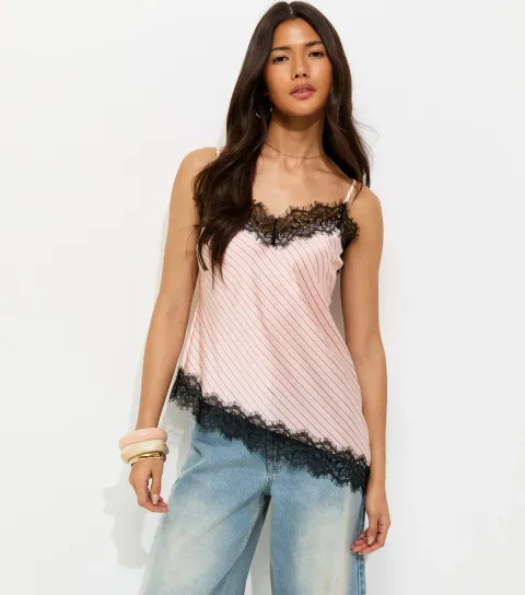 Women's Light Pink Striped Lace Trim Asymmetric Cami Top