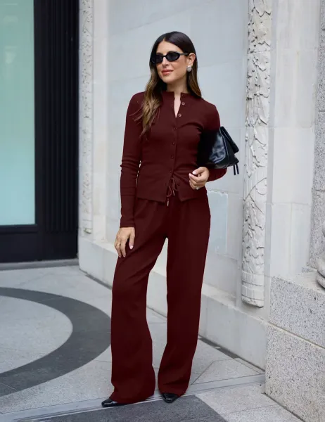 Cotton Rich Ribbed Wide Leg Joggers Burgundy