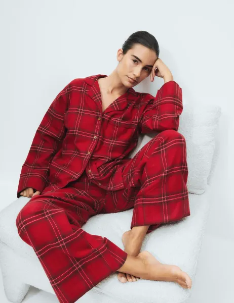 Marks & Spencer Pure Cotton Checked Christmas Family Pyjamas Red Mix