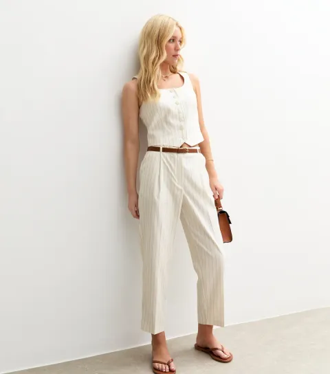 Women's Cream Pinstripe Barrel Leg Belted Tailored Trousers