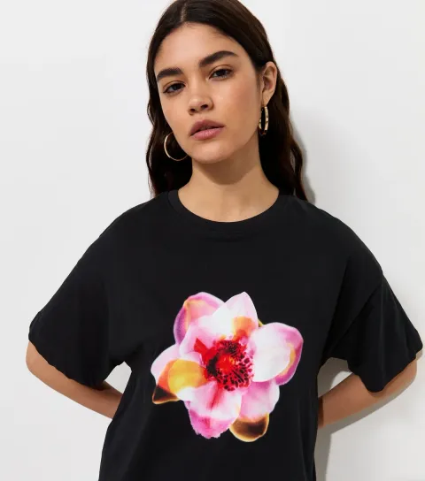 Women's Black Cotton Neon Flower Oversized T-Shirt
