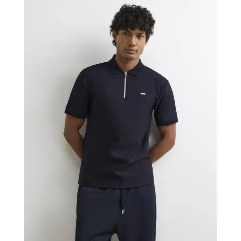 River Island Muscle Fit Textured Zip Polo Shirt