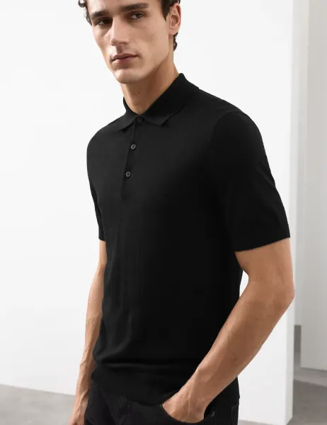 Autograph Pure Extra Fine Merino Wool Knitted Polo Shirt Black
