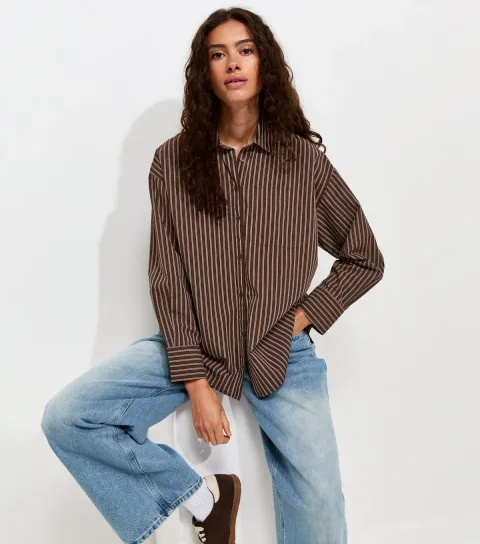 Women's Brown Cotton Poplin Striped Long Sleeve Shirt