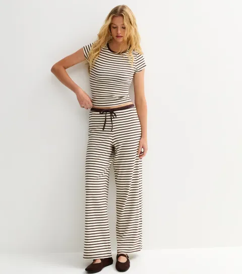 Women's Brown Striped Drawstring Wide Leg Trousers