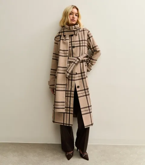 New Look Women's Beige Checked Collared Jacket and Matching Scarf