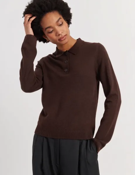Wool Rich Collared Sweatshirt with Cashmere Chocolate