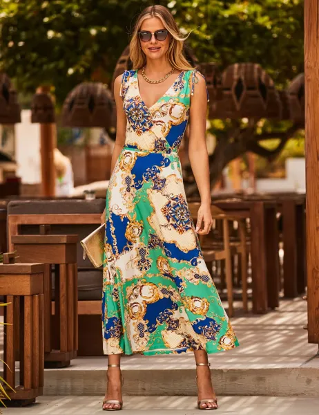 SOSANDAR Jersey Printed V-Neck Midaxi Wrap Dress Green Mix