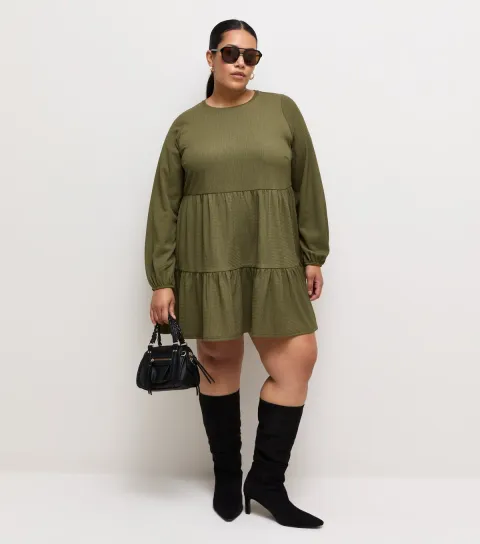 Women's Plus Size Dark Khaki Crinkle Texture Long Sleeve Smock Mini Dress Curves