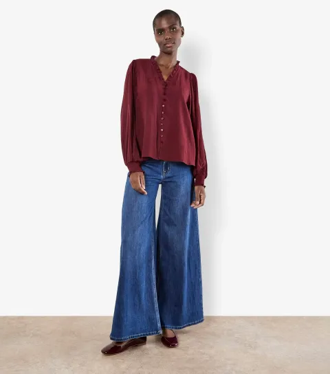 Women's Burgundy Ruffle Smock Boho Blouse
