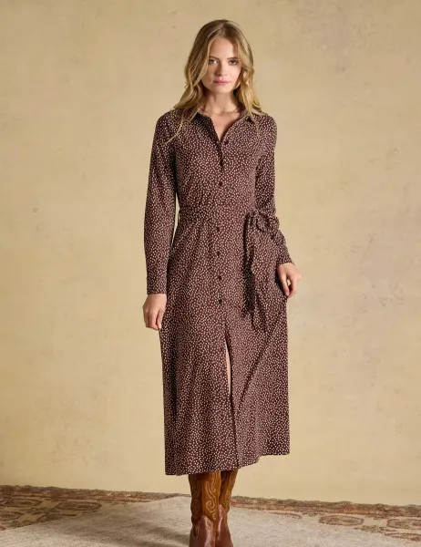 Joules Cotton Rich Polka Dot Midi Shirt Dress Brown Mix