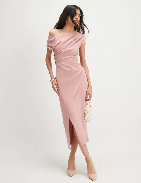 River Island One Shoulder Draped Midi Bodycon Dress Pink