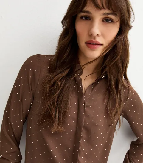 Women's Tall Brown Spotty Button Up Shirt