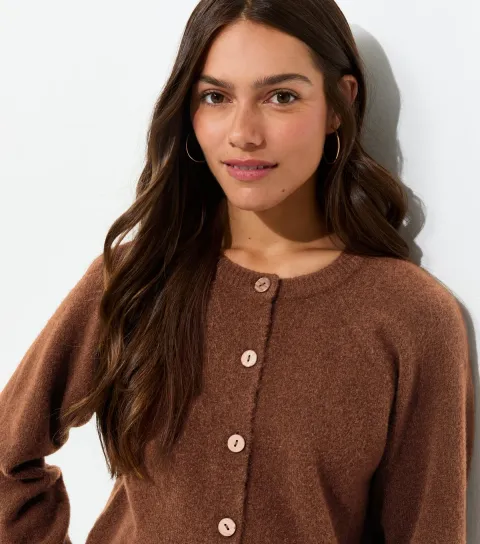 Women's Petite Dark Brown Brushed Knit Raglan Meet The Jean Cardigan